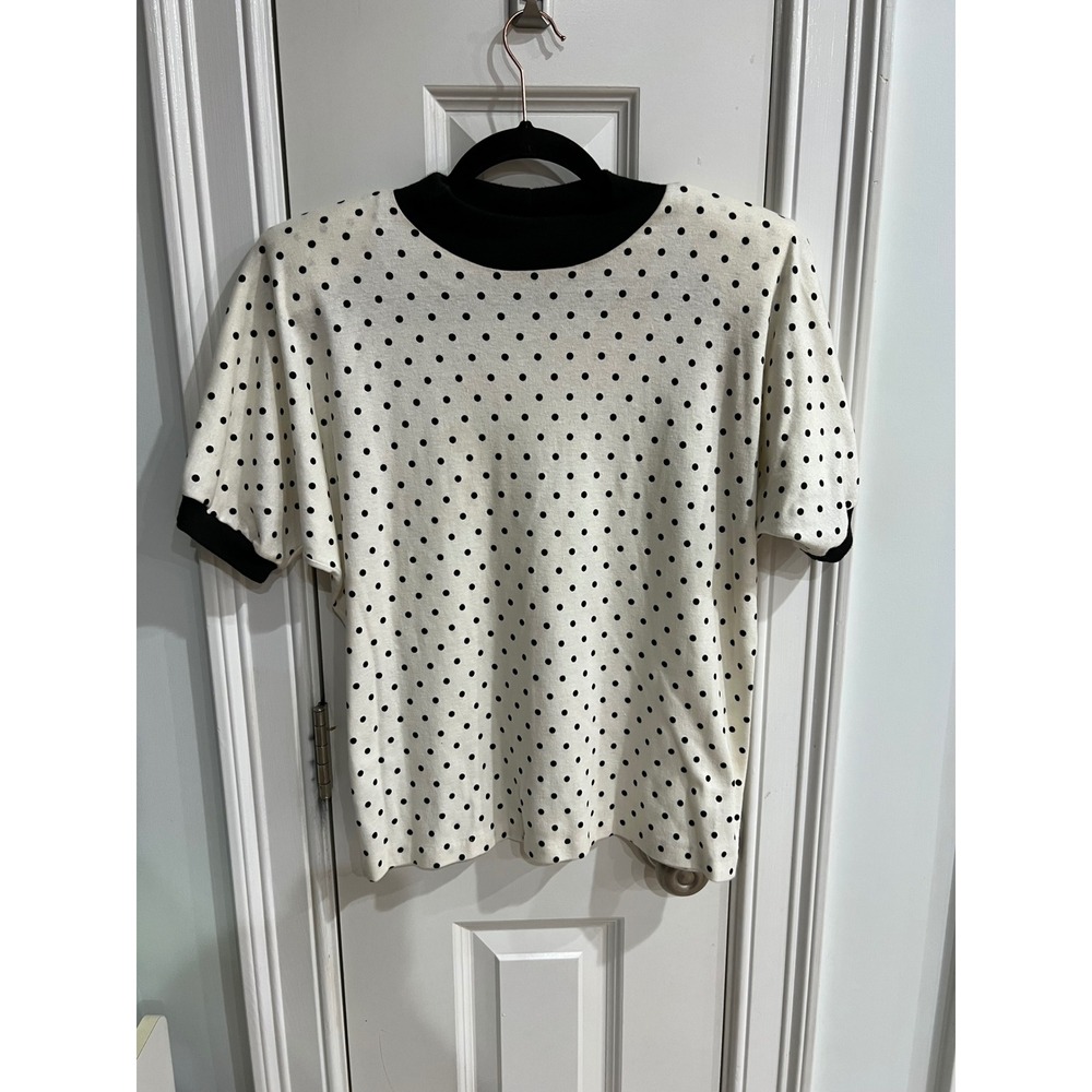 Vintage Peter Popovitch Polka Dot Mock Neck Top Cream Black Short Sleeve Medium